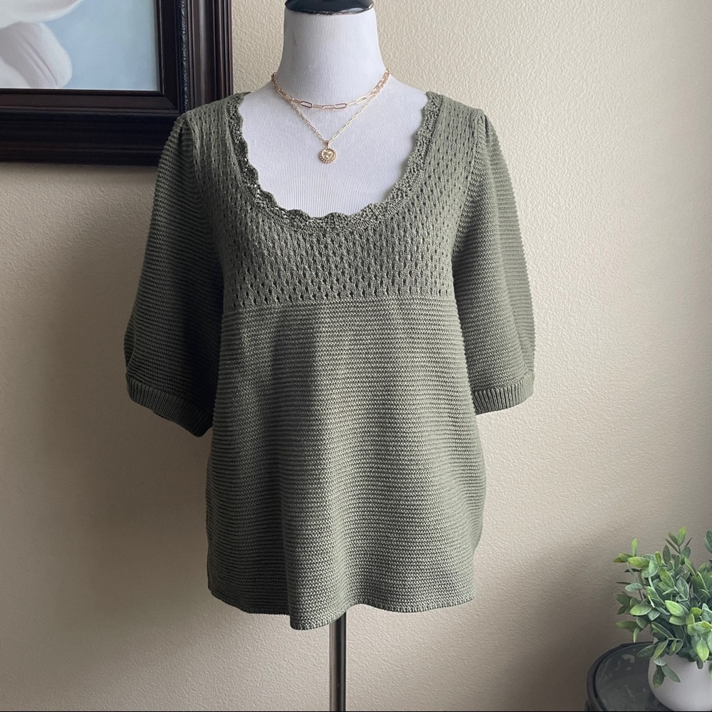 Free Assembly olive green crochet puff sleeve sweater top - Picture 2 of 9